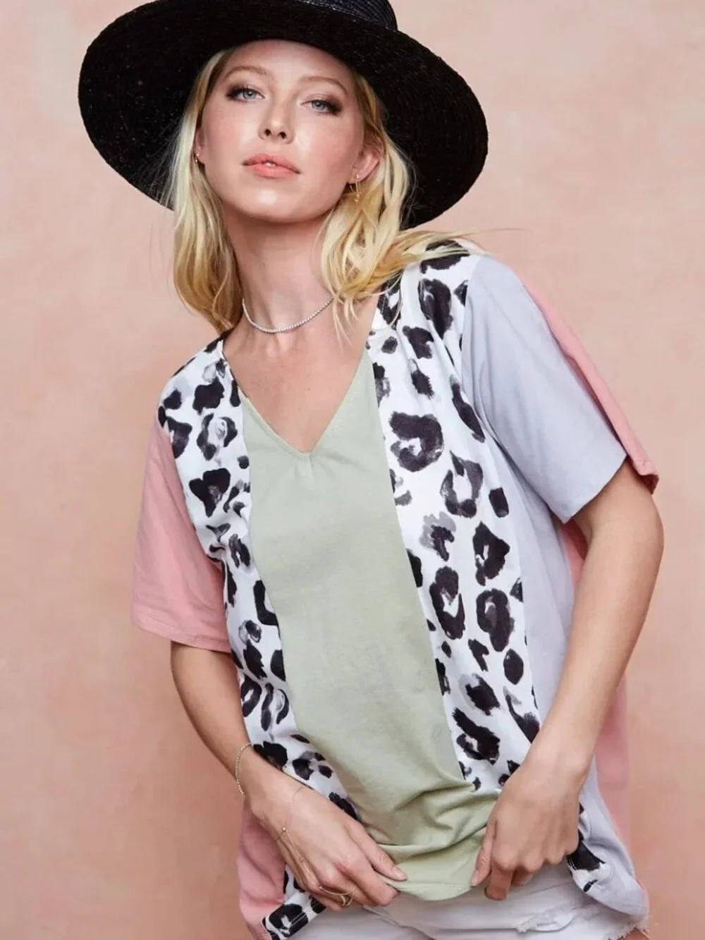 BiBi Cotton Span Knit With Leopard Color Block Top